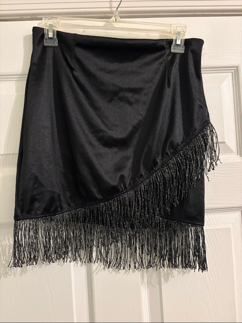 Windsor Black Satin Mini Skirt with Fringe Trim